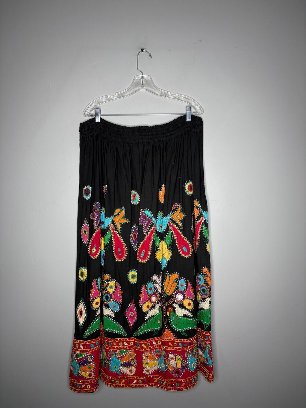 Other Women M Black Mexican Folklorico Floral Embroidered Tiered Boho Maxi Skirt